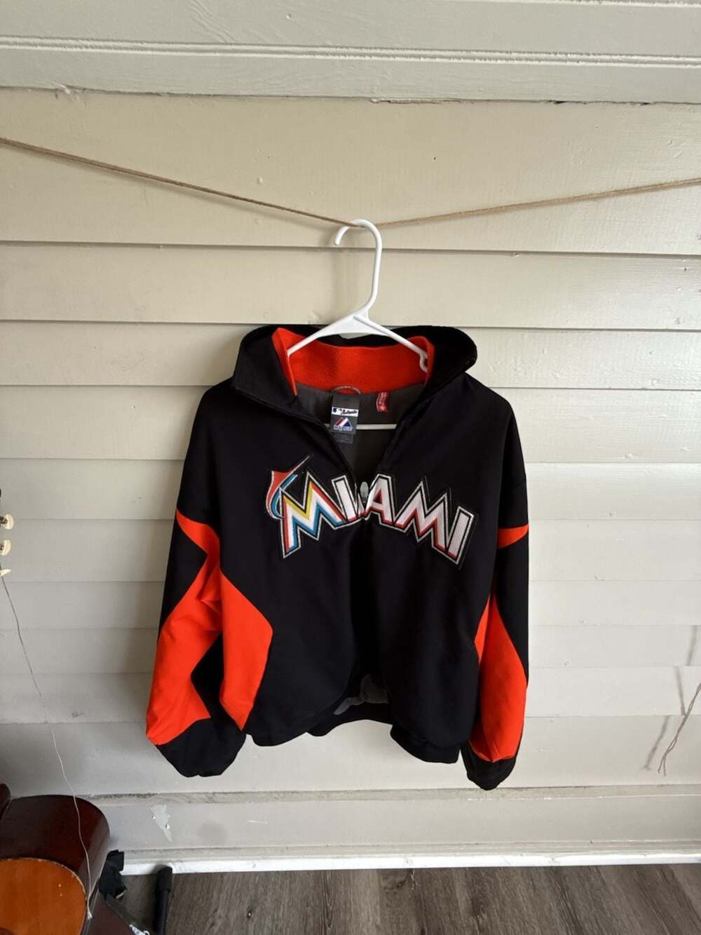 Majestic MLB Miami Marlins Therma Base Black Orange Pullover Jacket Size Large